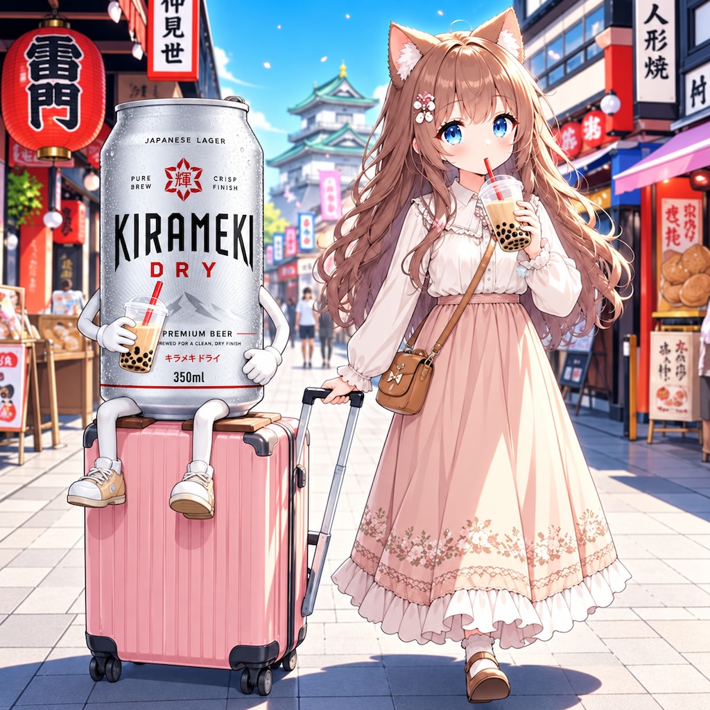 GWに観光地でタピオカミルクティーを飲む小さな女の子