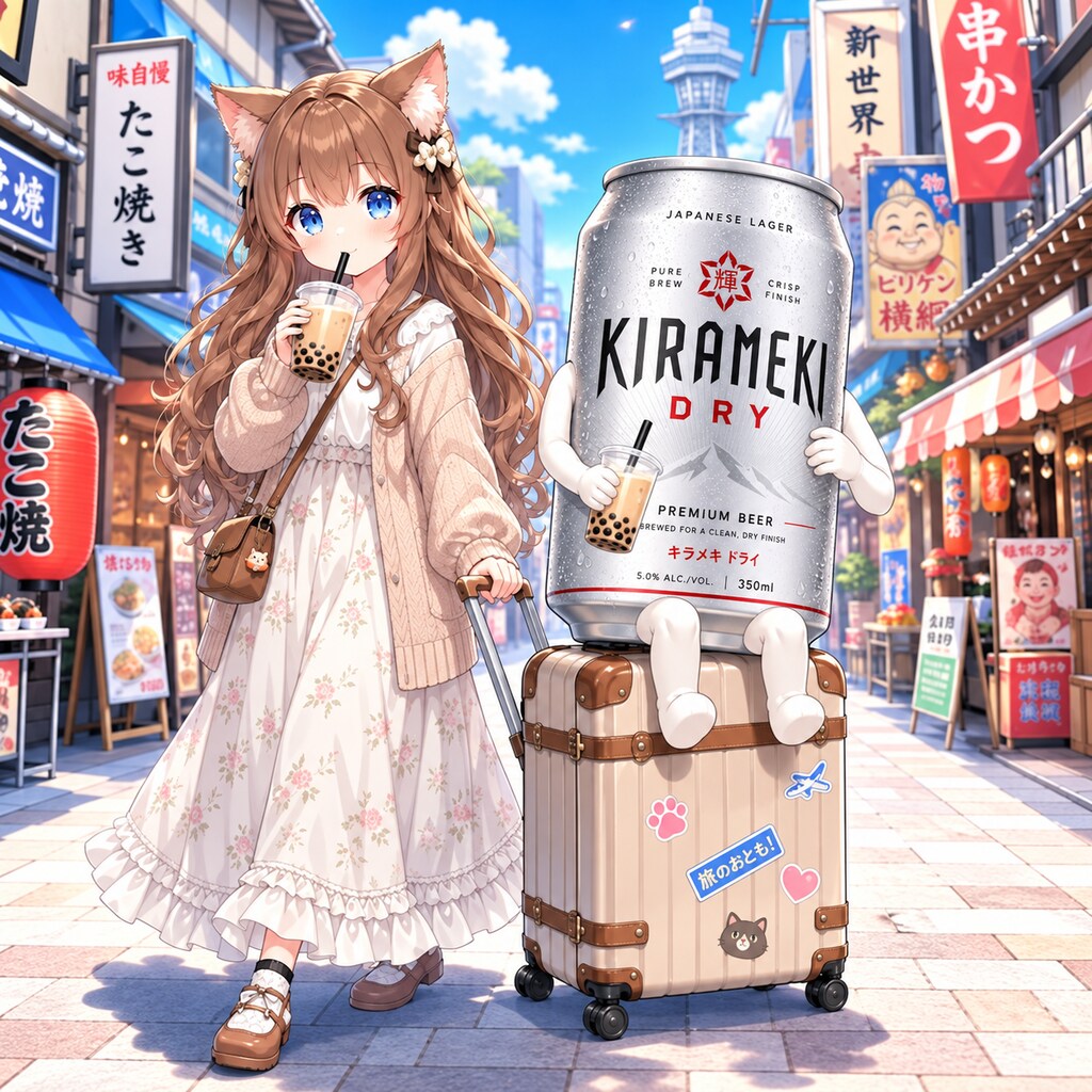 GWに観光地でタピオカミルクティーを飲む小さな女の子