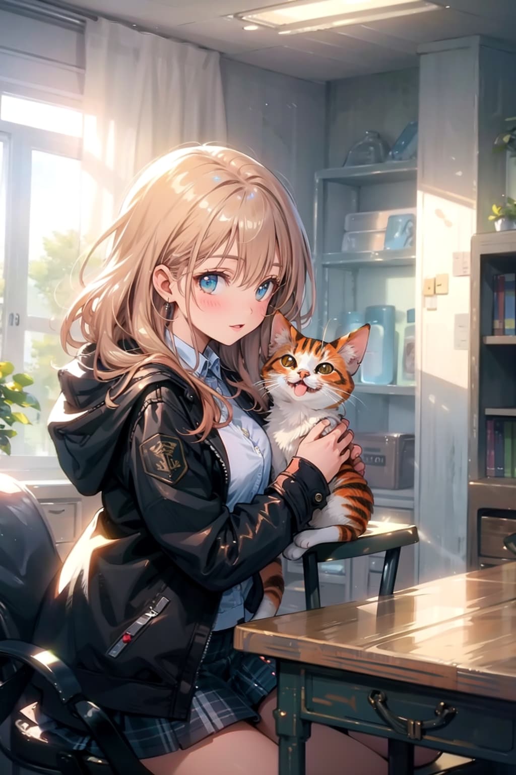 三毛猫を抱きしめる美少女