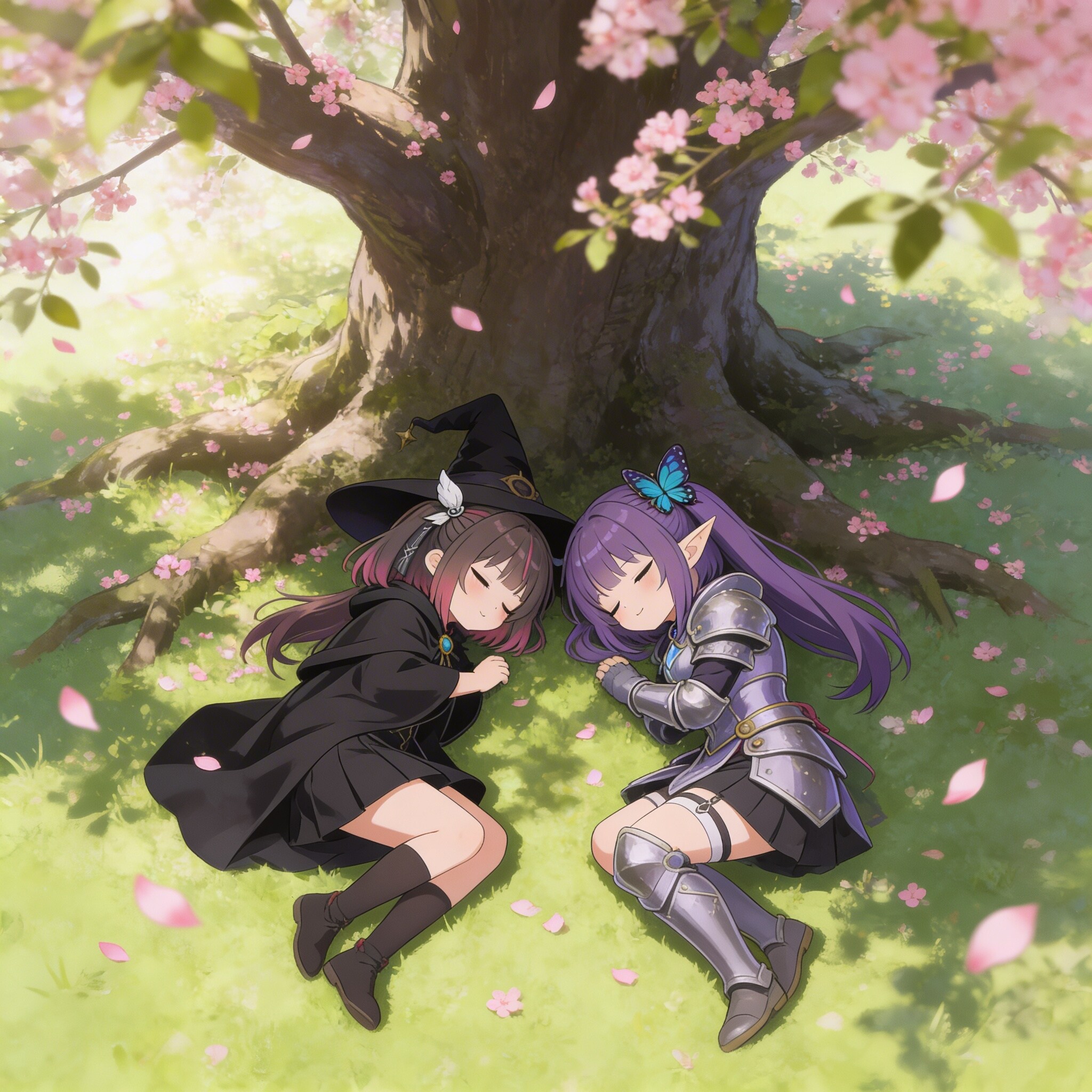 大樹の下でうたた寝するミテルちゃんとすみれちゃん