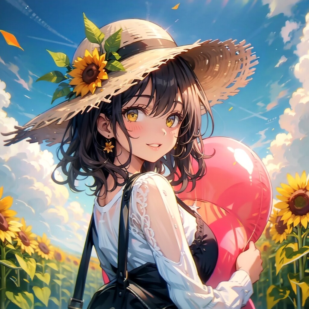 ひまわり畑で赤い風船を持つ麦わら帽子の美女 | の人気AIイラスト・グラビア