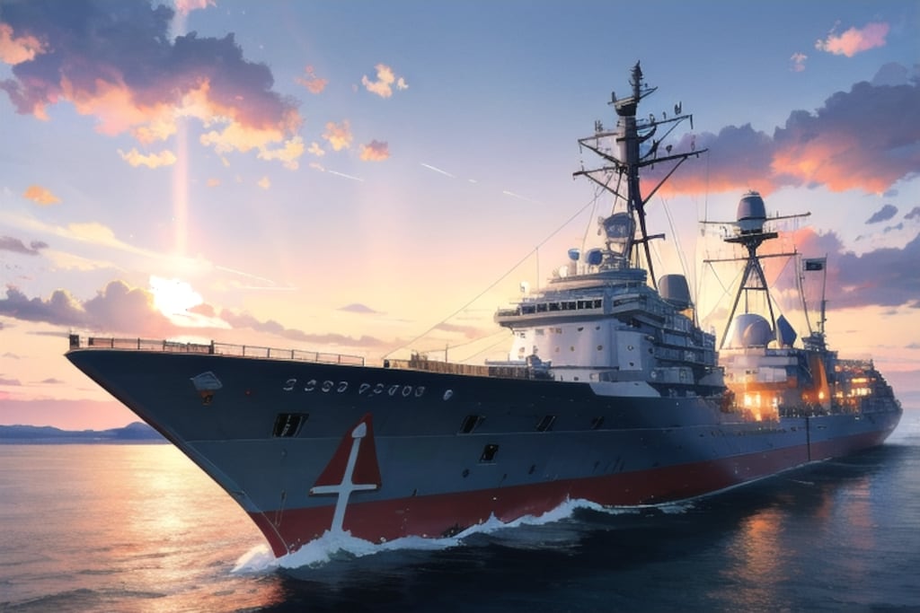 軍艦と夕焼け