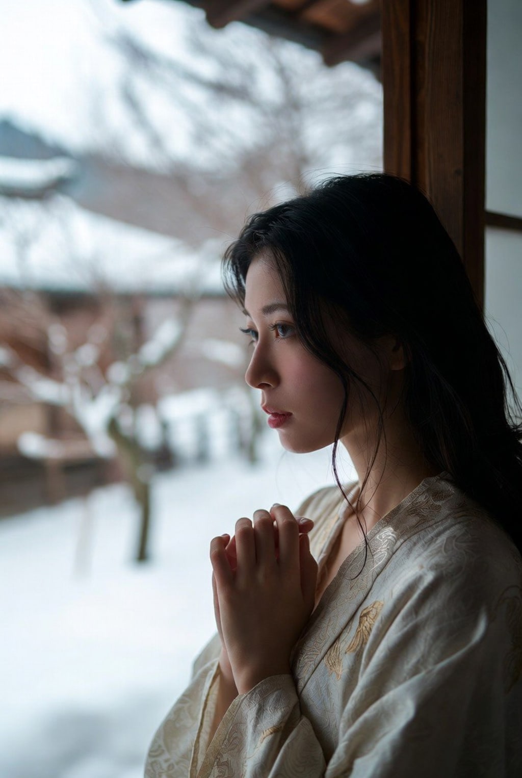 雪景色を眺める女の子