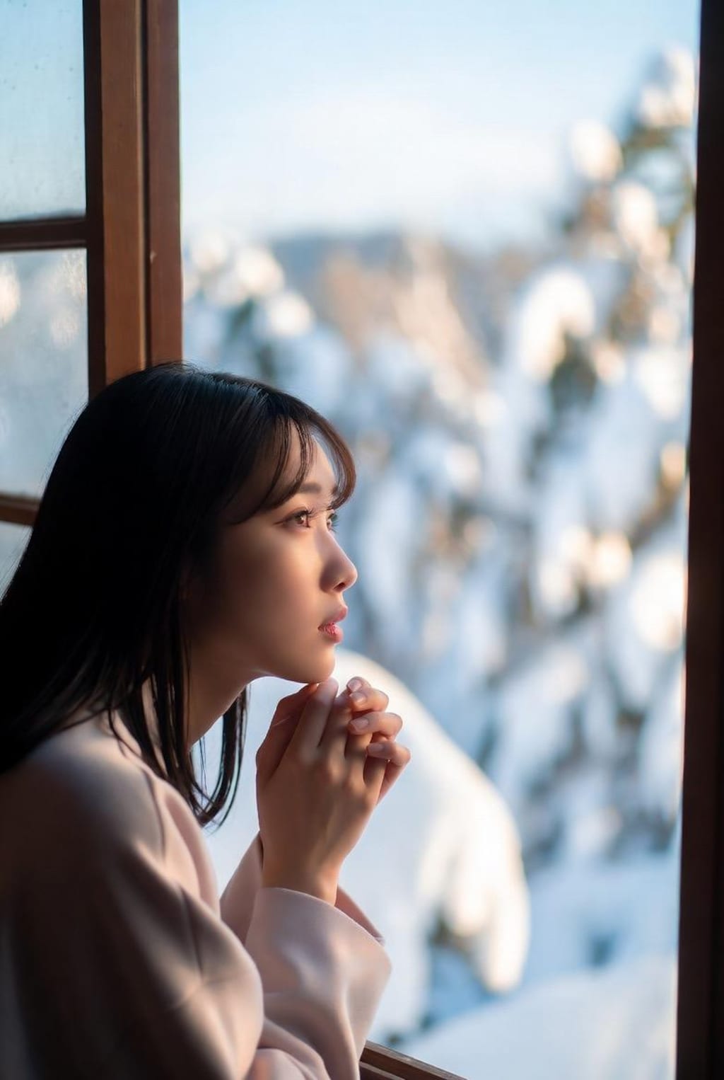 雪景色を眺める女の子