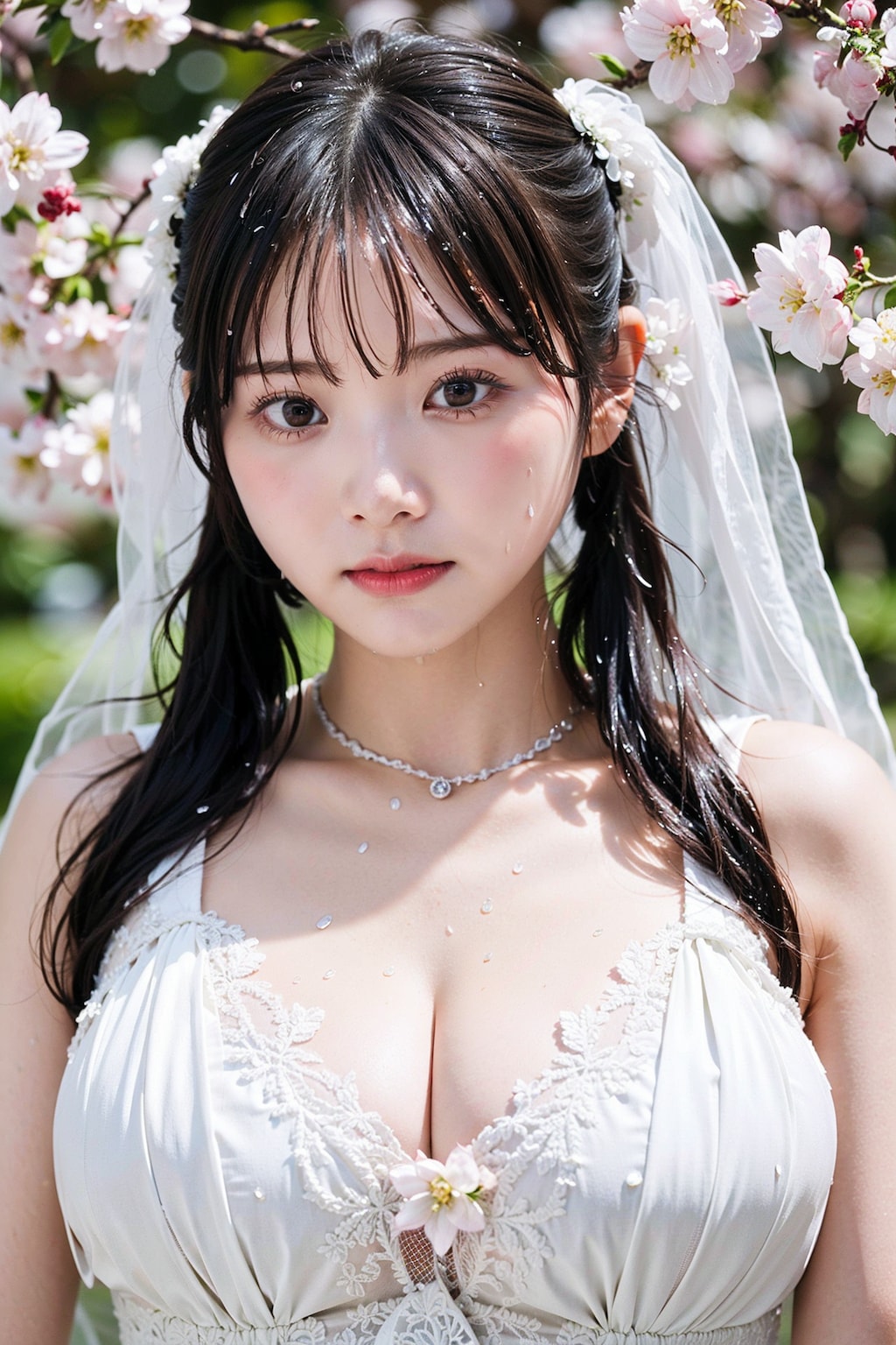 桜とウェディングドレス