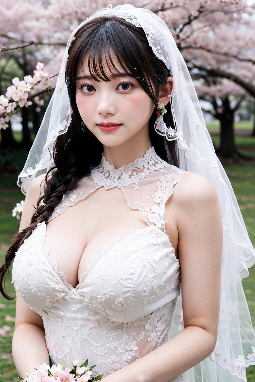 桜とウェディングドレス