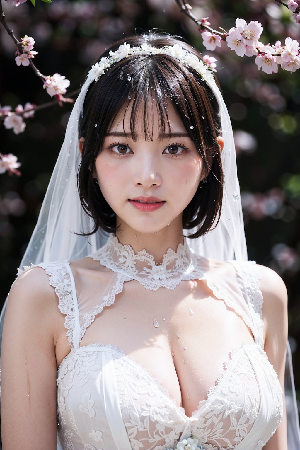 桜とウェディングドレス