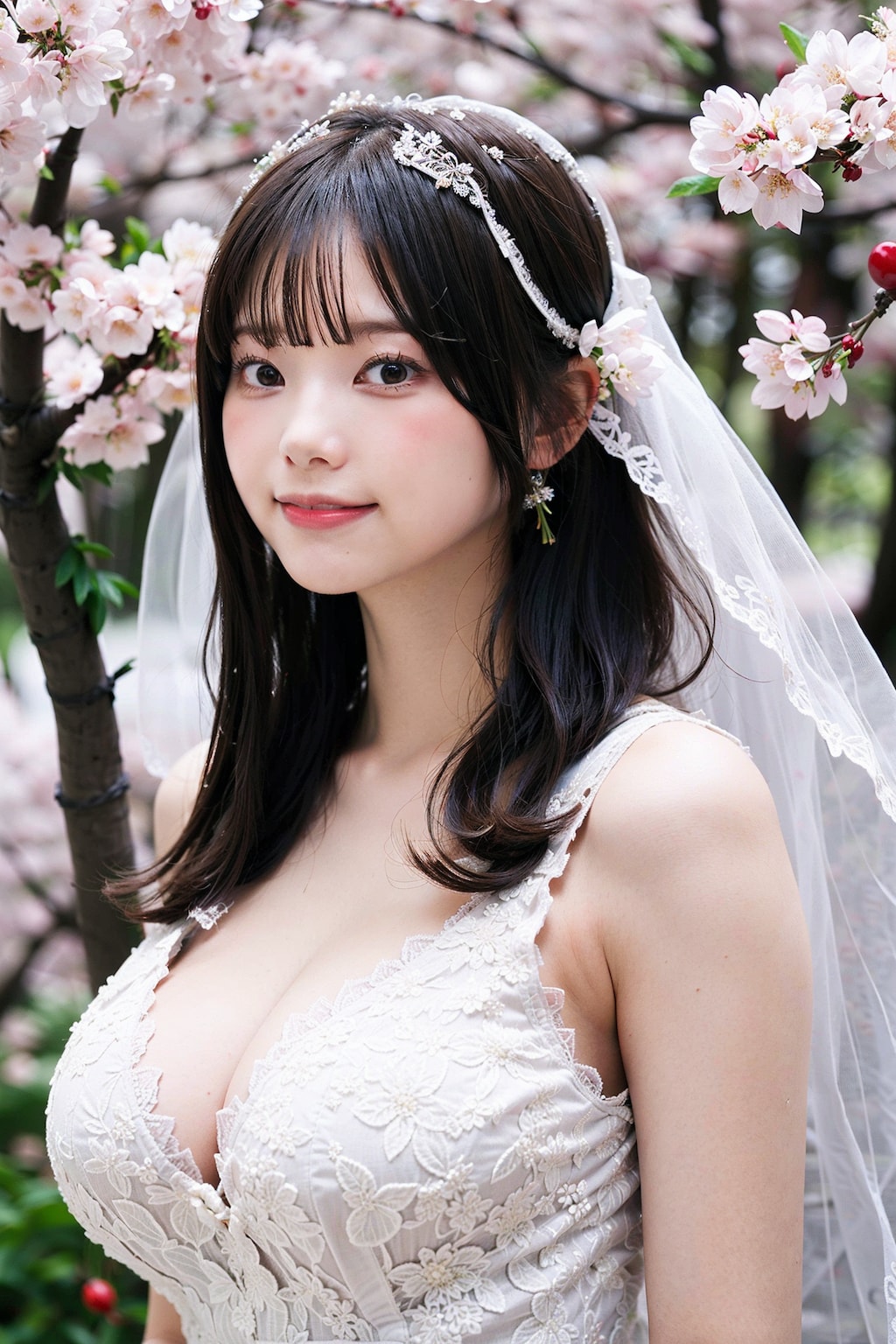 桜とウェディングドレス