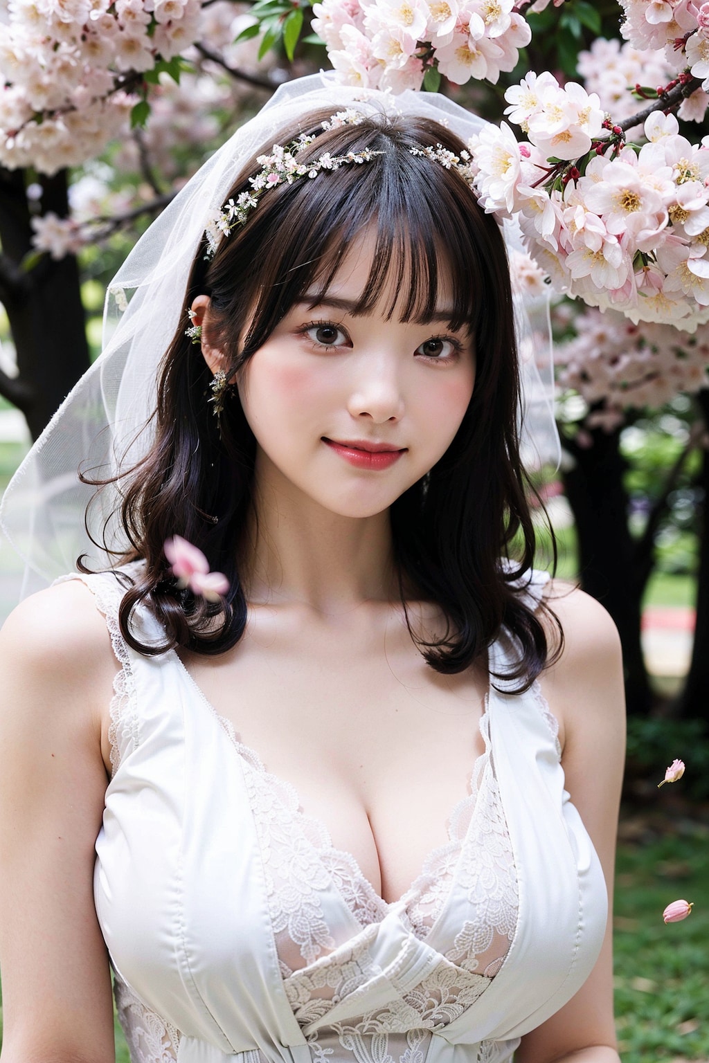 桜とウェディングドレス