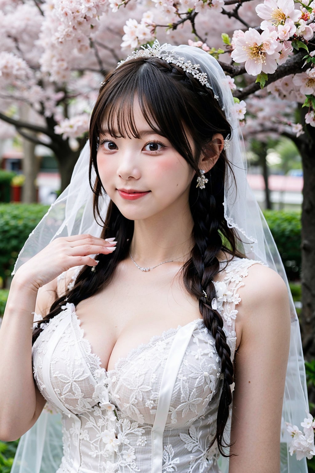 桜とウェディングドレス