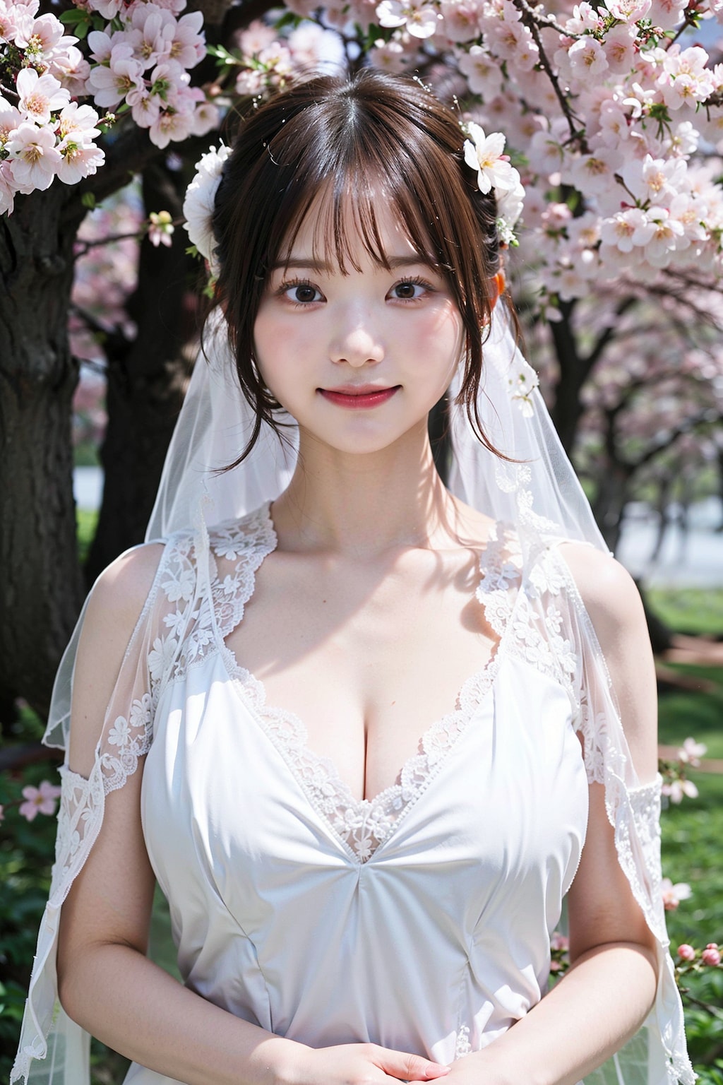 桜とウェディングドレス