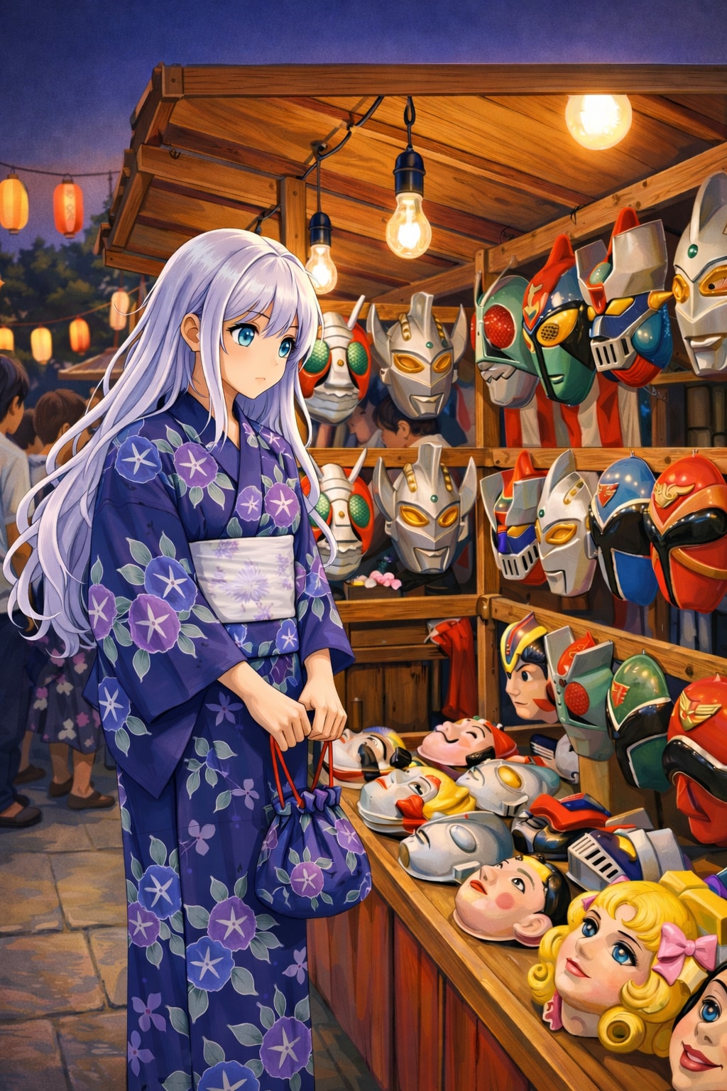 仮面屋台に立ち止まる、夏のひととき | の人気AIイラスト・グラビア
