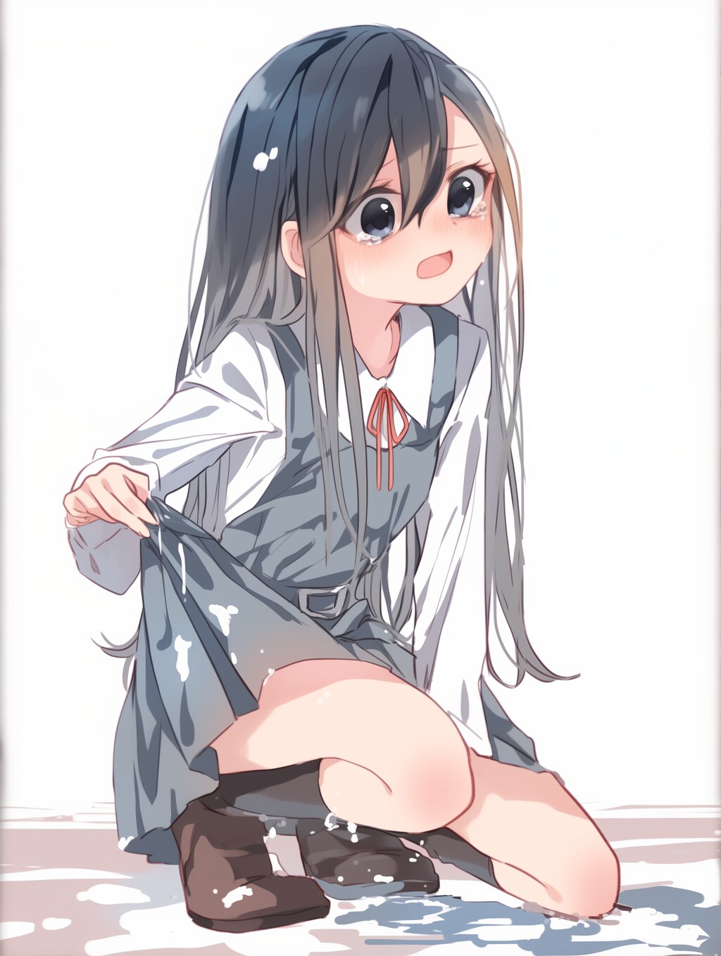 水たまりが広がり思わずしゃがみこんでしまった女の子