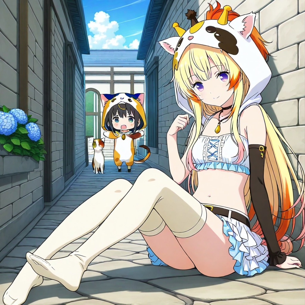 石畳の路地裏のアニマルフーディーちび子ちゃん