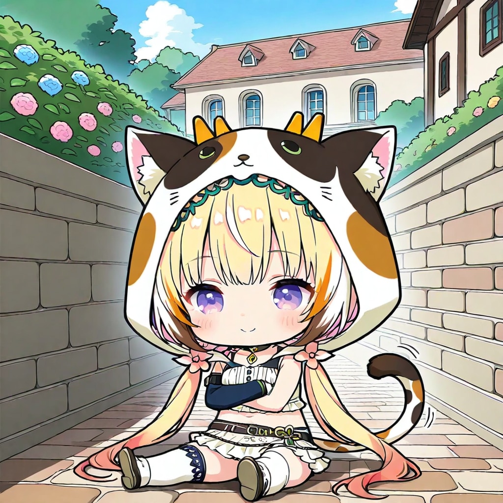 石畳の路地裏のアニマルフーディーちび子ちゃん