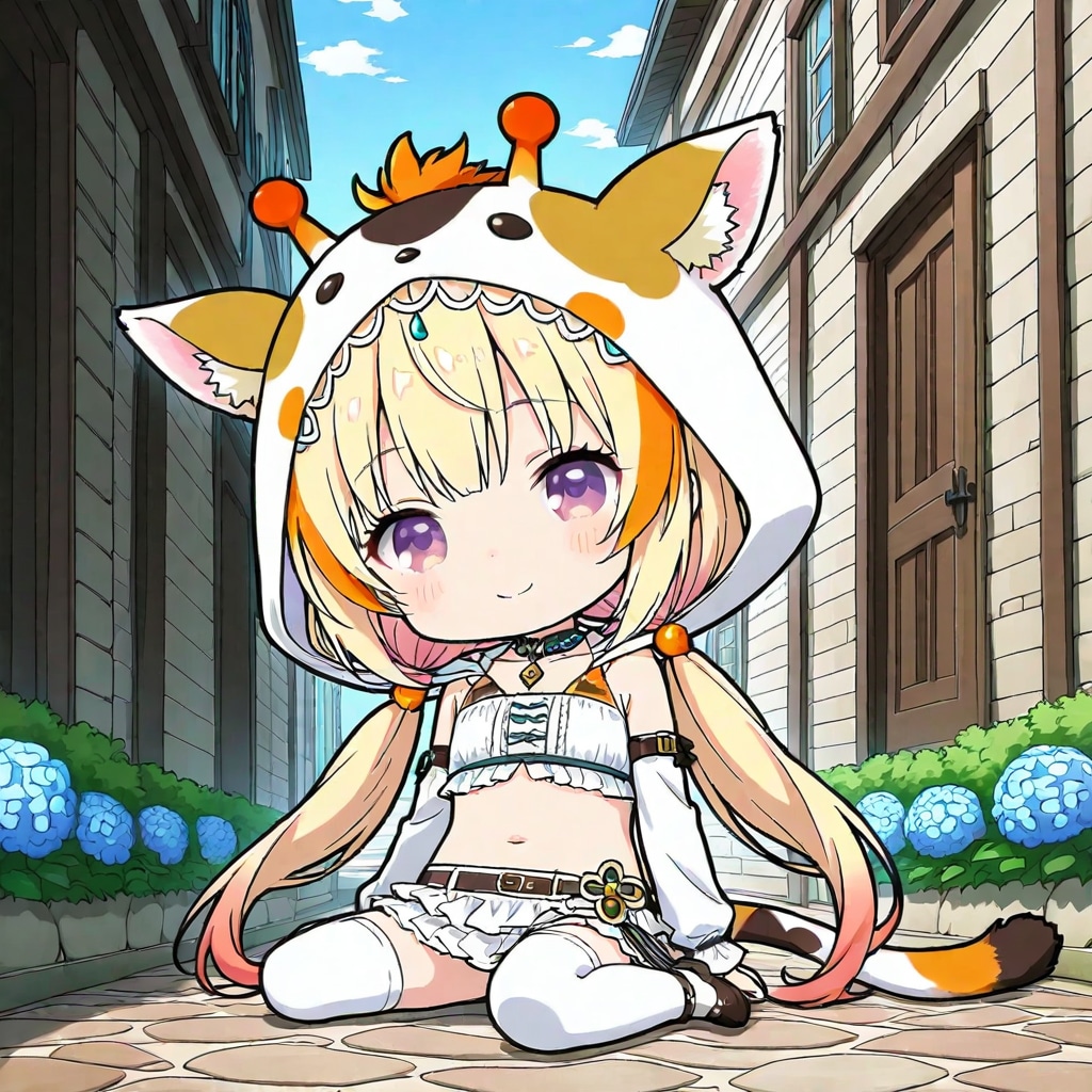 石畳の路地裏のアニマルフーディーちび子ちゃん