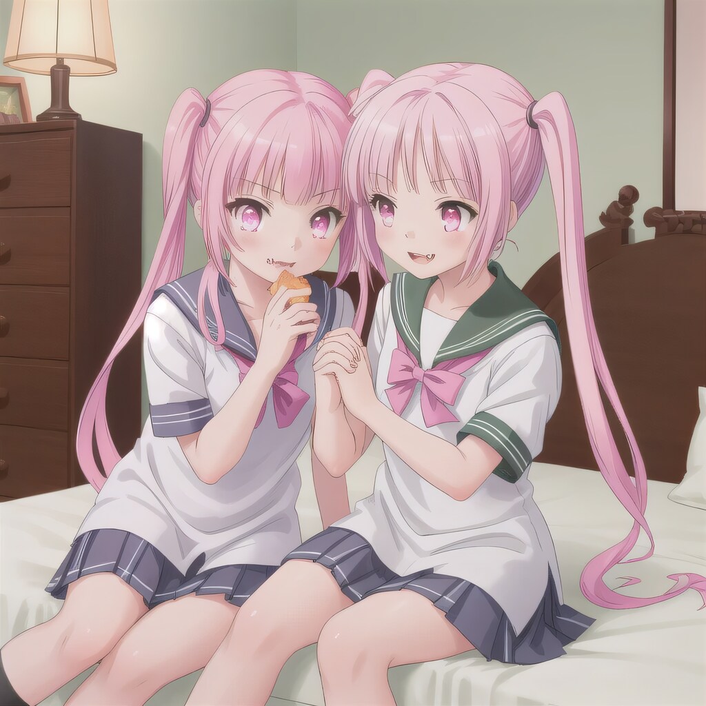 ピンク髪ツインテで寝室の少女