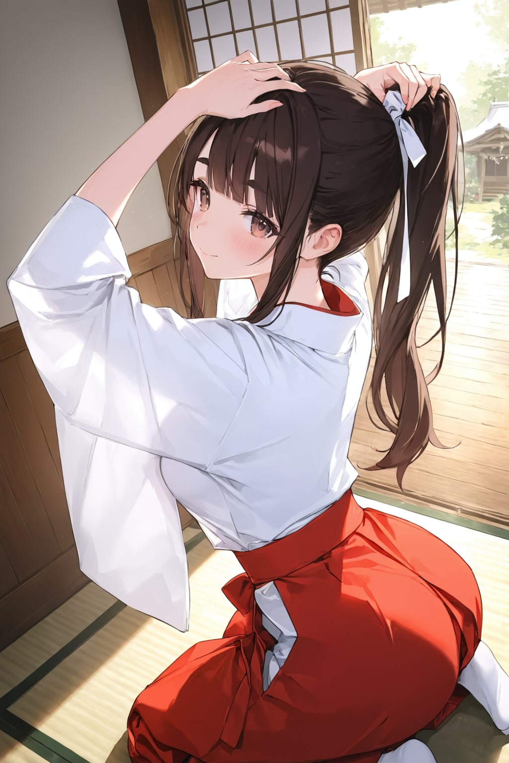 ポニテいじり巫女さん。