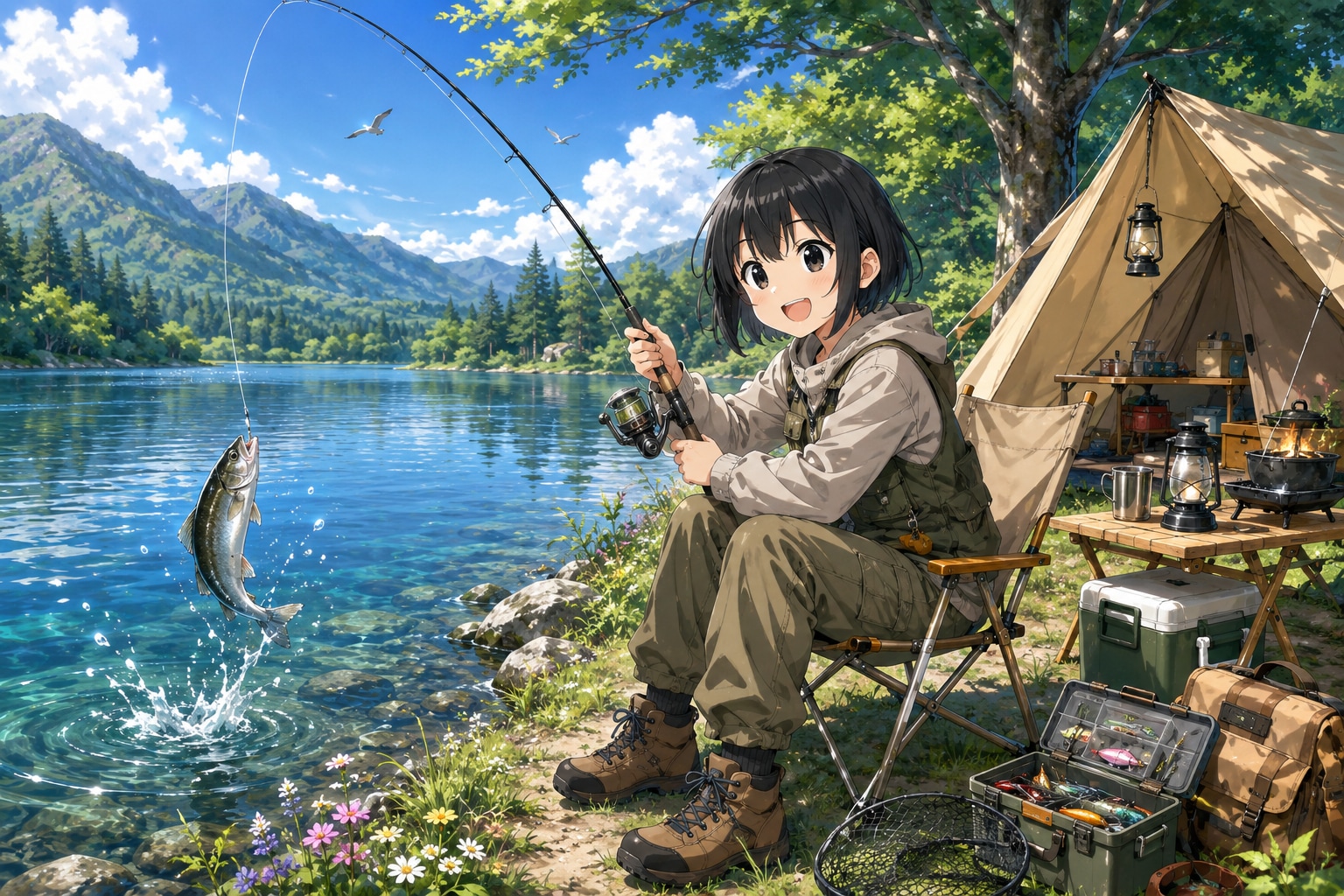 釣りキャンプを楽しんでいる女の子