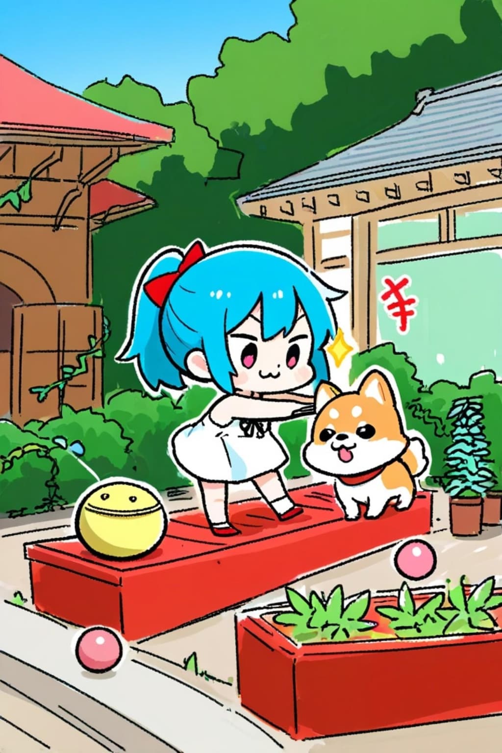 柴犬と遊ぶ青髪ちゃん