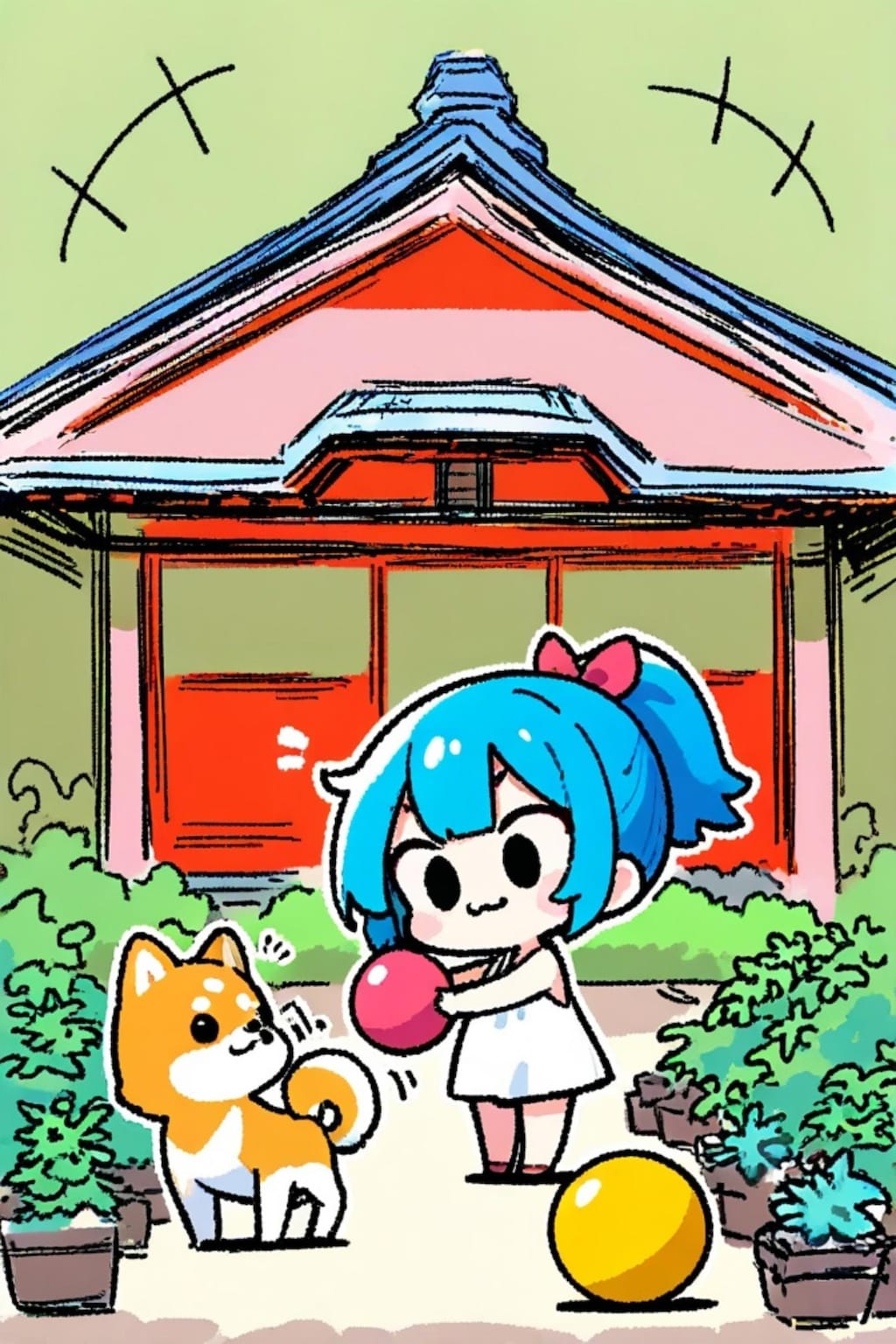 柴犬と遊ぶ青髪ちゃん