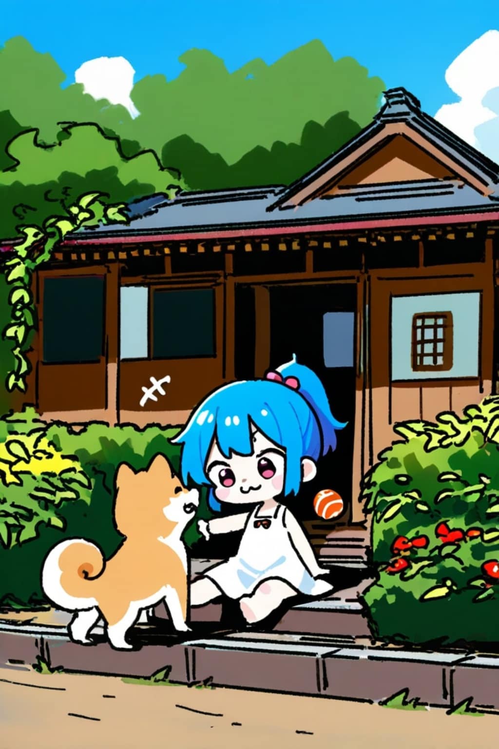 柴犬と遊ぶ青髪ちゃん