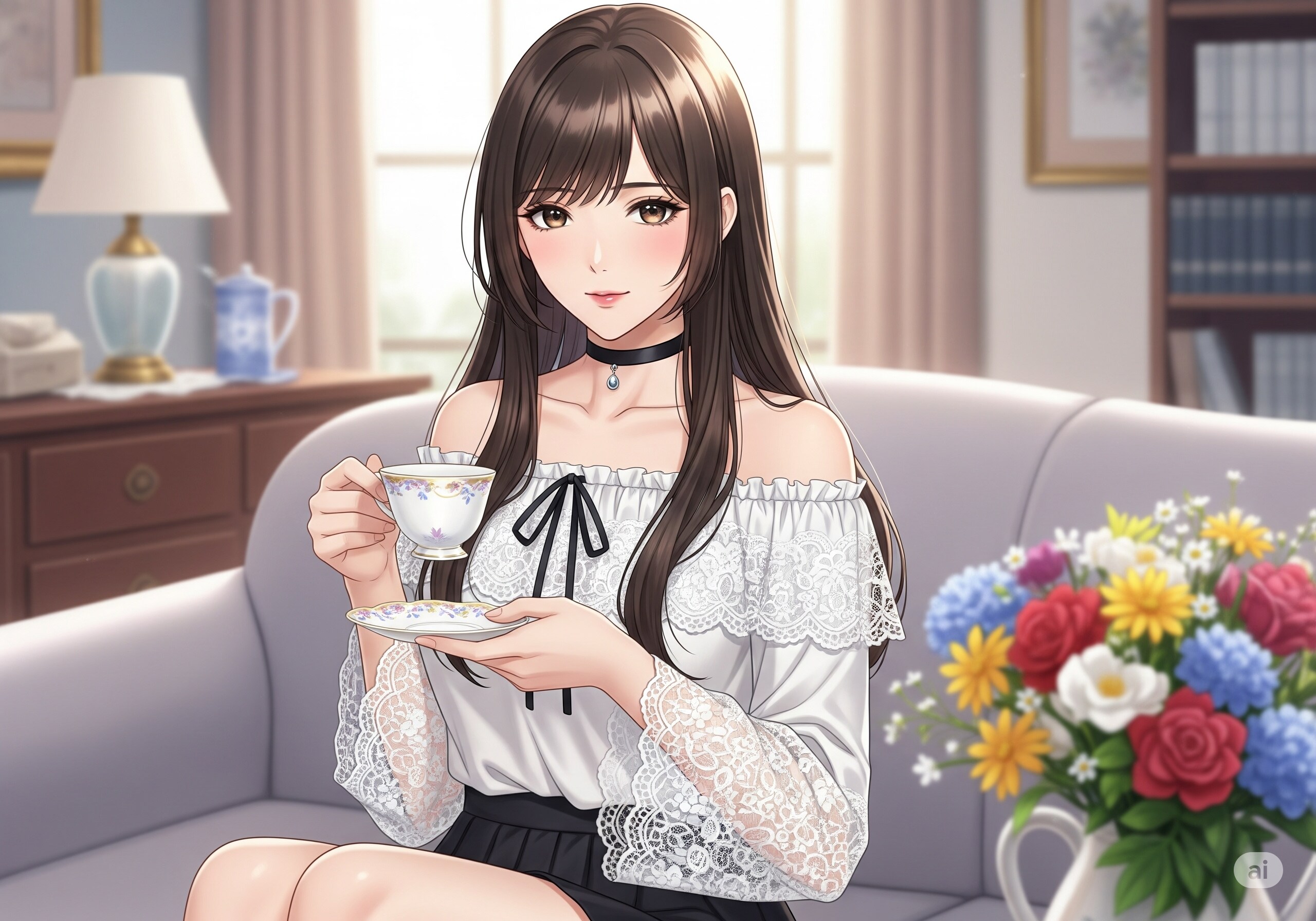 * リビングルームで一息する美女 | の人気AIイラスト・グラビア