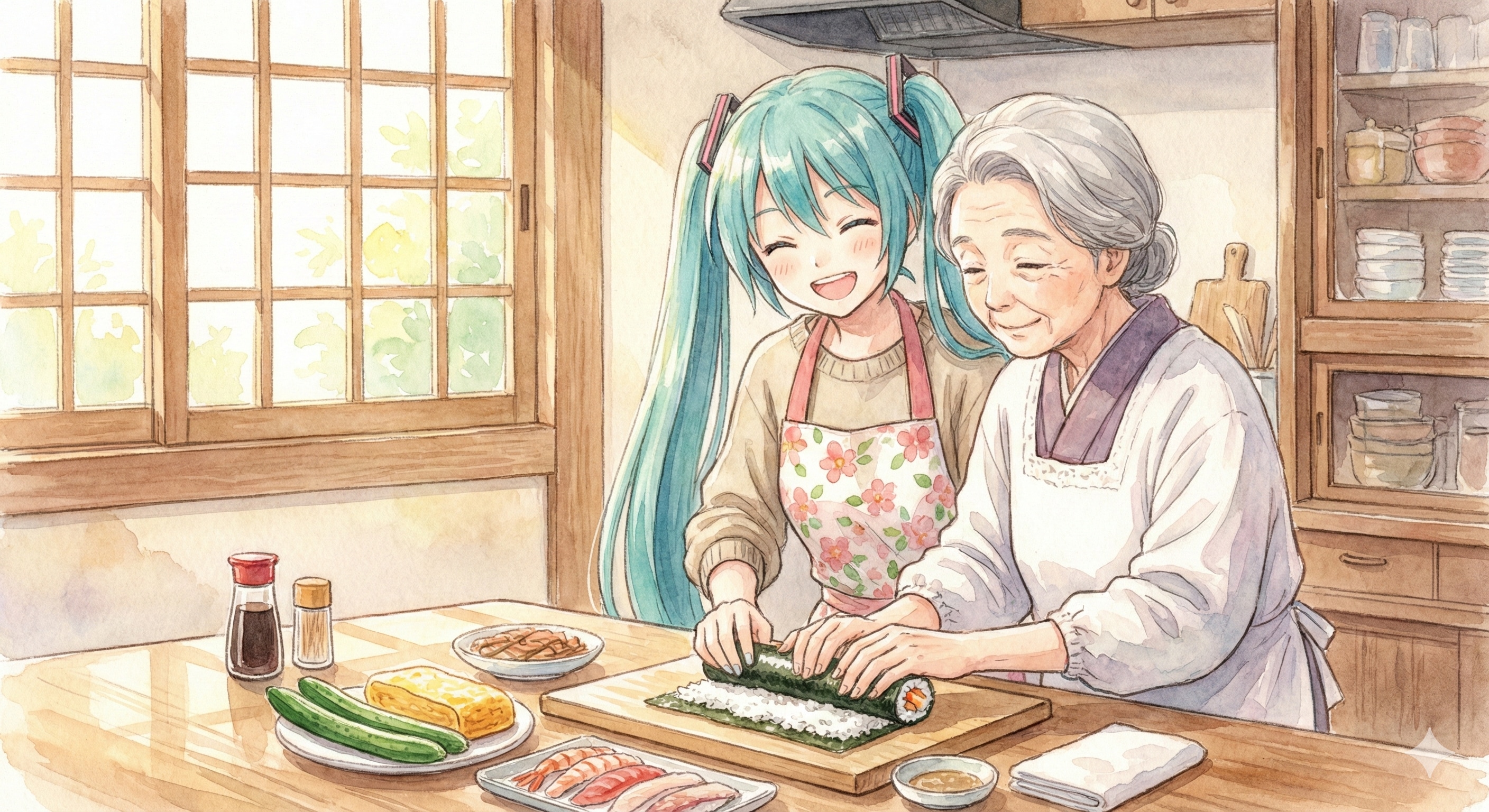 水彩画ミクさん おばあちゃんと巻く、恵方巻き | の人気AIイラスト・グラビア