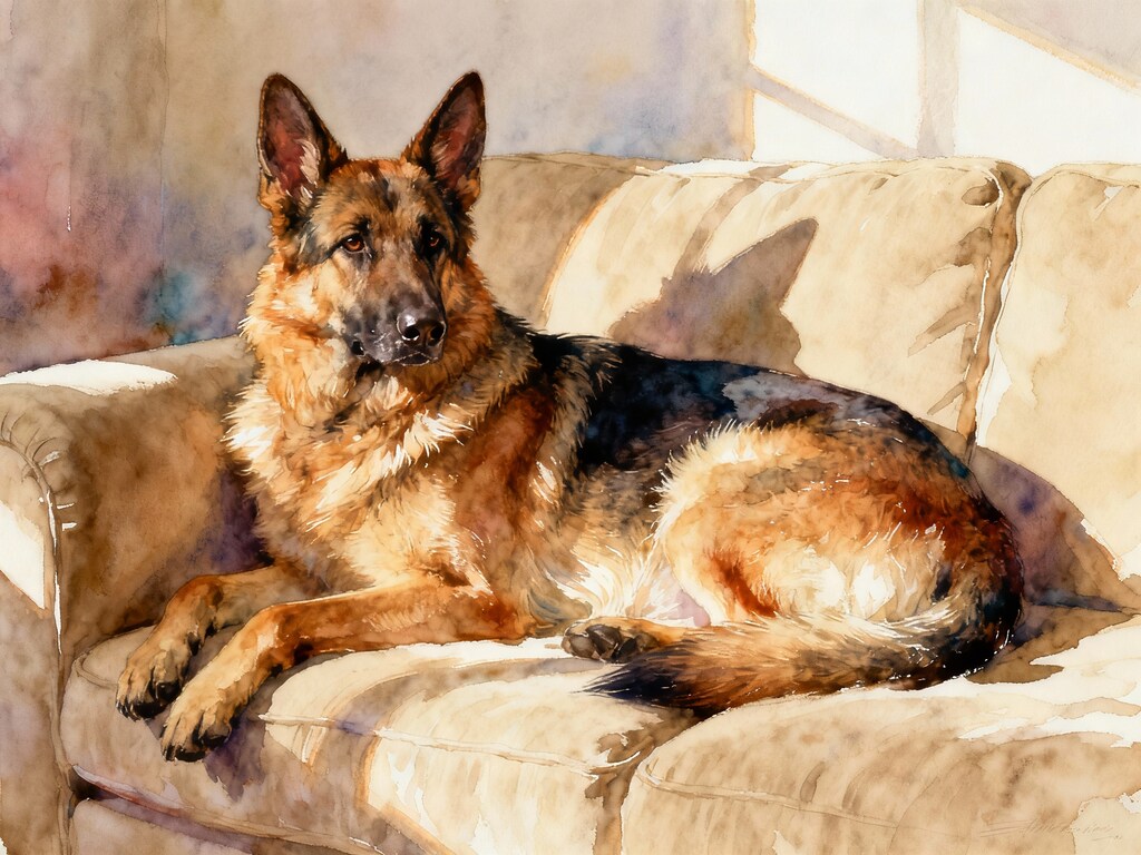 ソファーでくつろぐジャーマンシェパード　ー#Seedream 試作画像ー