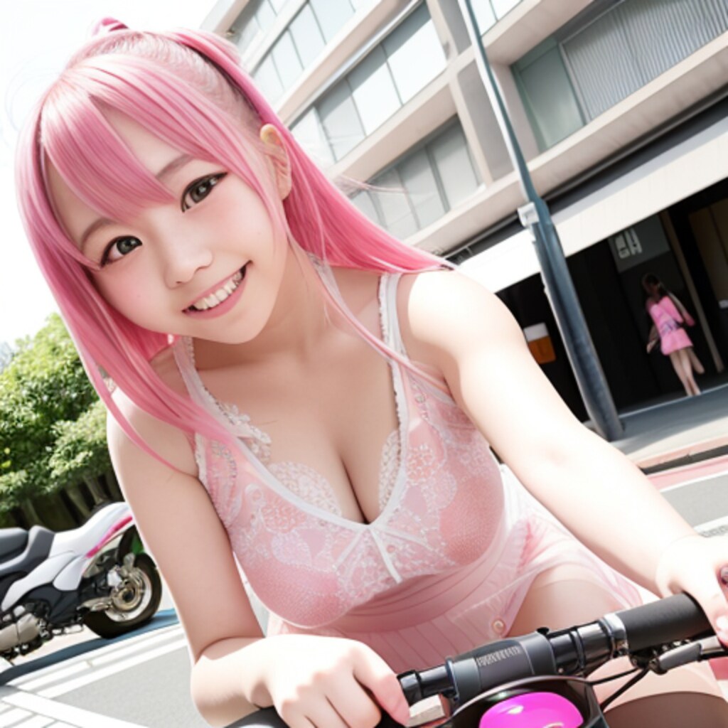 ピンクヘアバイク女子
