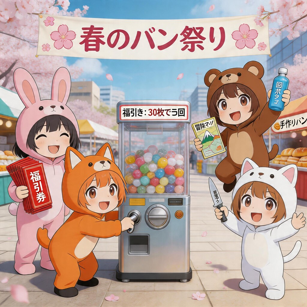 【All0417a】パンを買うと福引券がもらえた。30枚で1回まわせる、景品は冒険に役立つアイテム（モデル: Seedream 5.0）