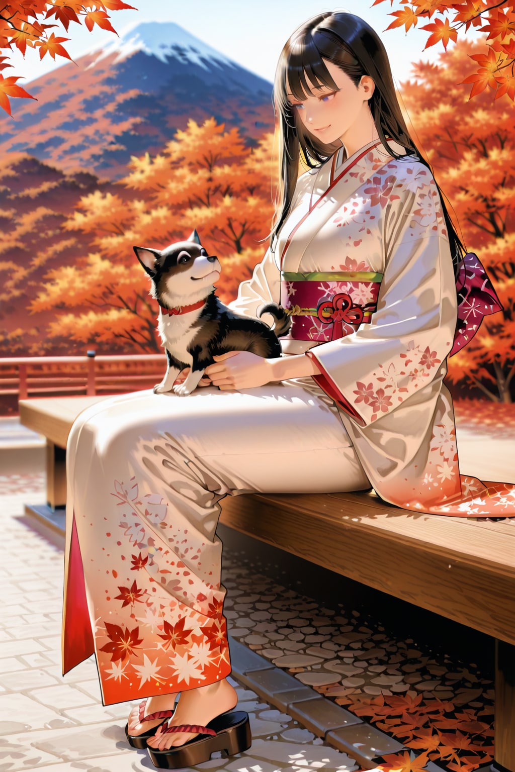 着物を着た女性の足元で戯れる子犬