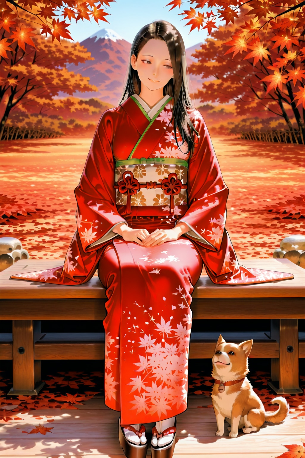 着物を着た女性の足元で戯れる子犬 | の人気AIイラスト・グラビア