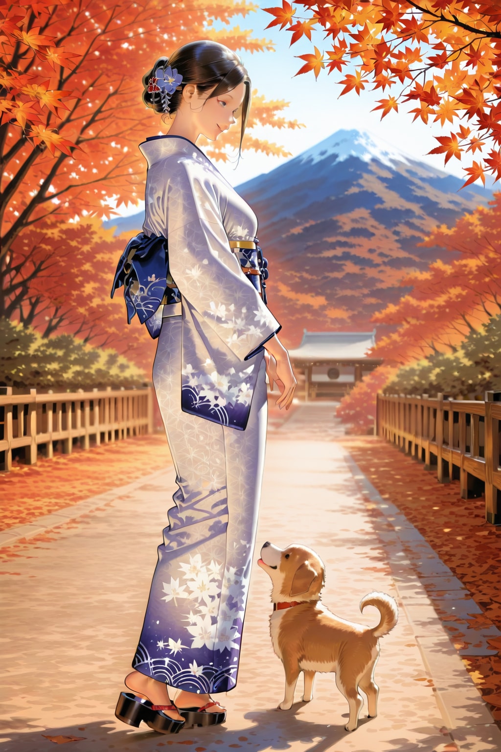 着物を着た女性の足元で戯れる子犬