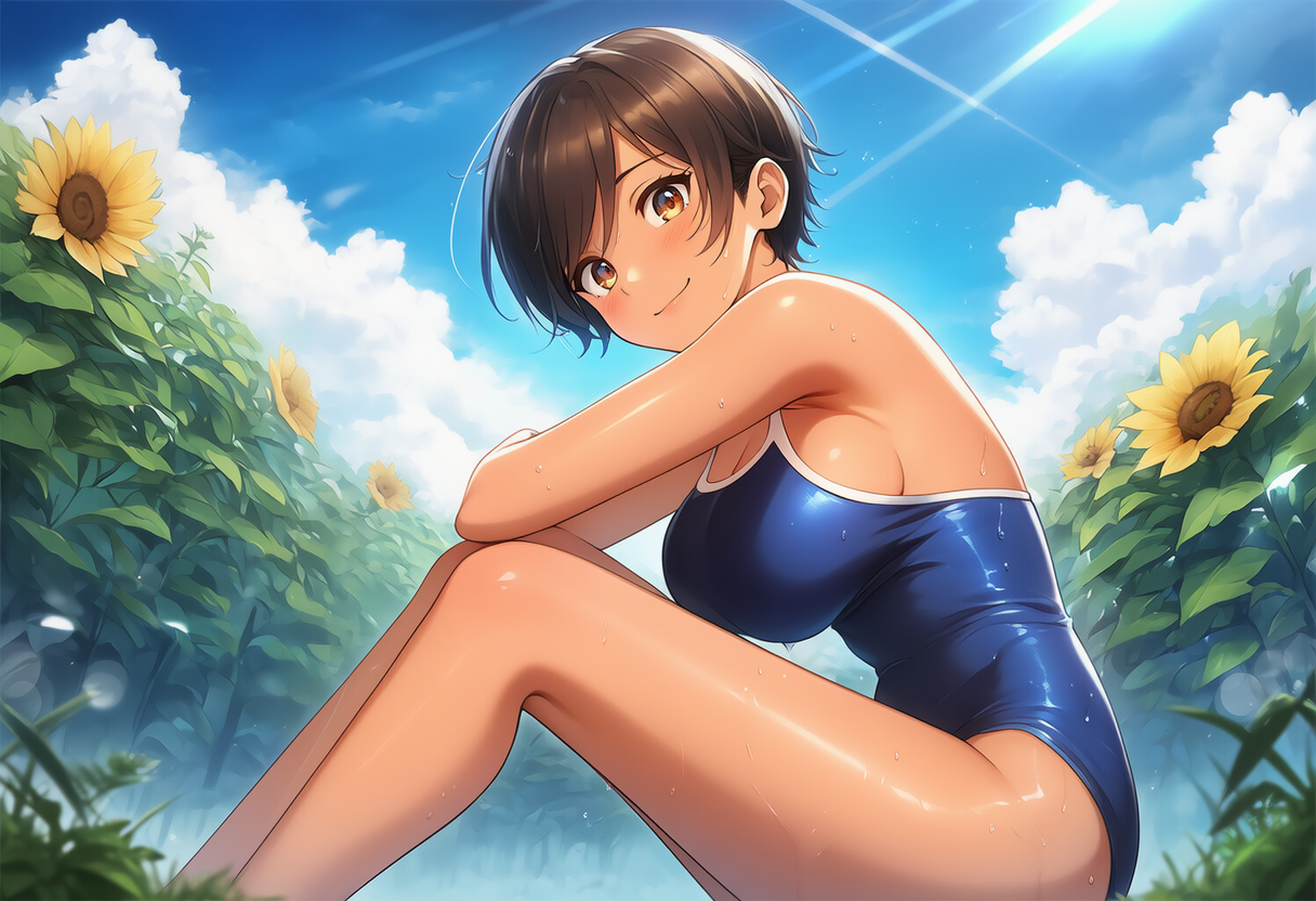 スク水ボーイッシュちゃん in ひまわり畑
