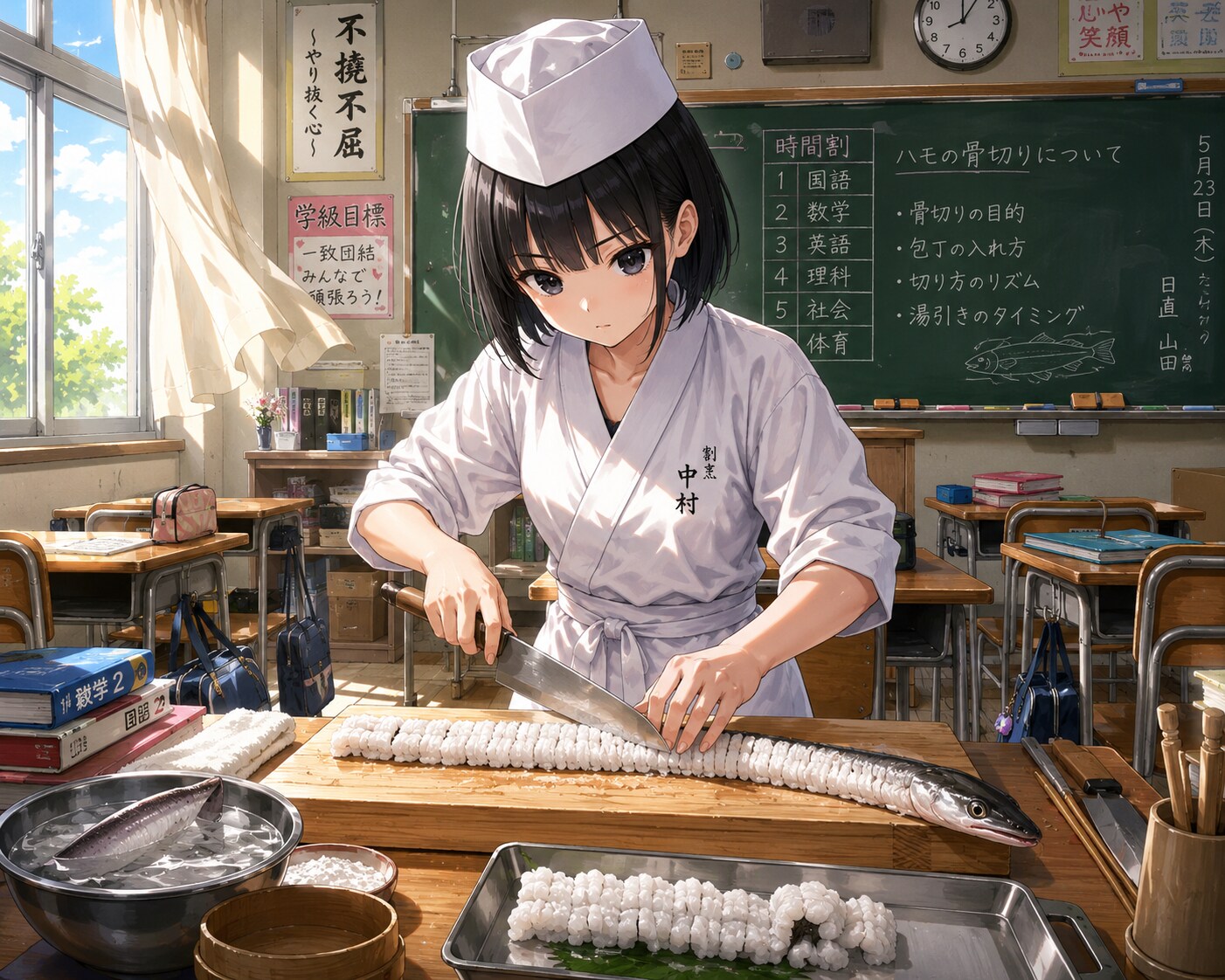 鱧の骨切りをしている女の子
