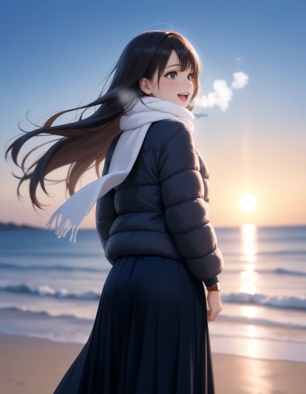 海岸で日の出を見る