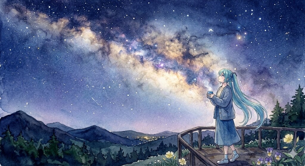 水彩画ミクさん　満天の星空に思いを馳せて