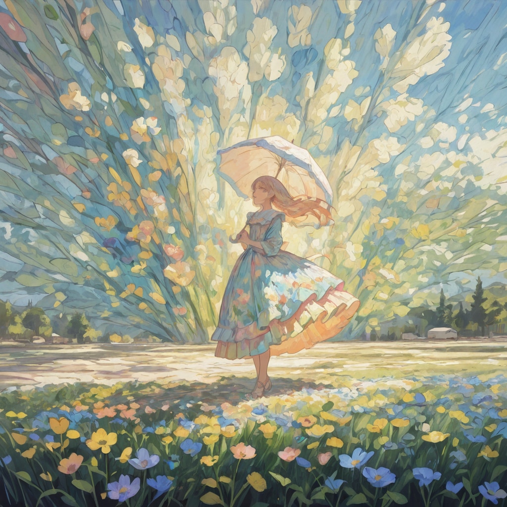 印象派風「花と少女」