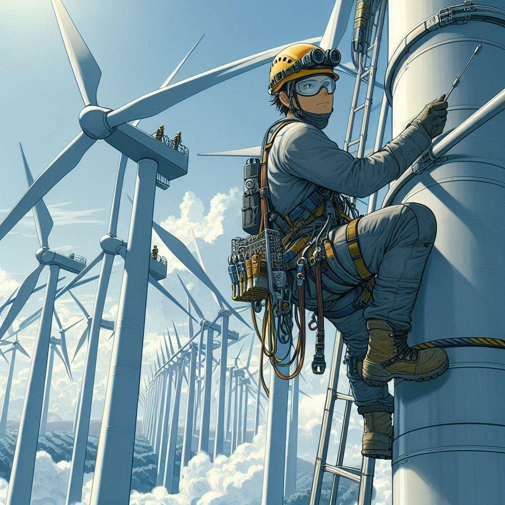 風（を）使い（発電する風車を点検する男）