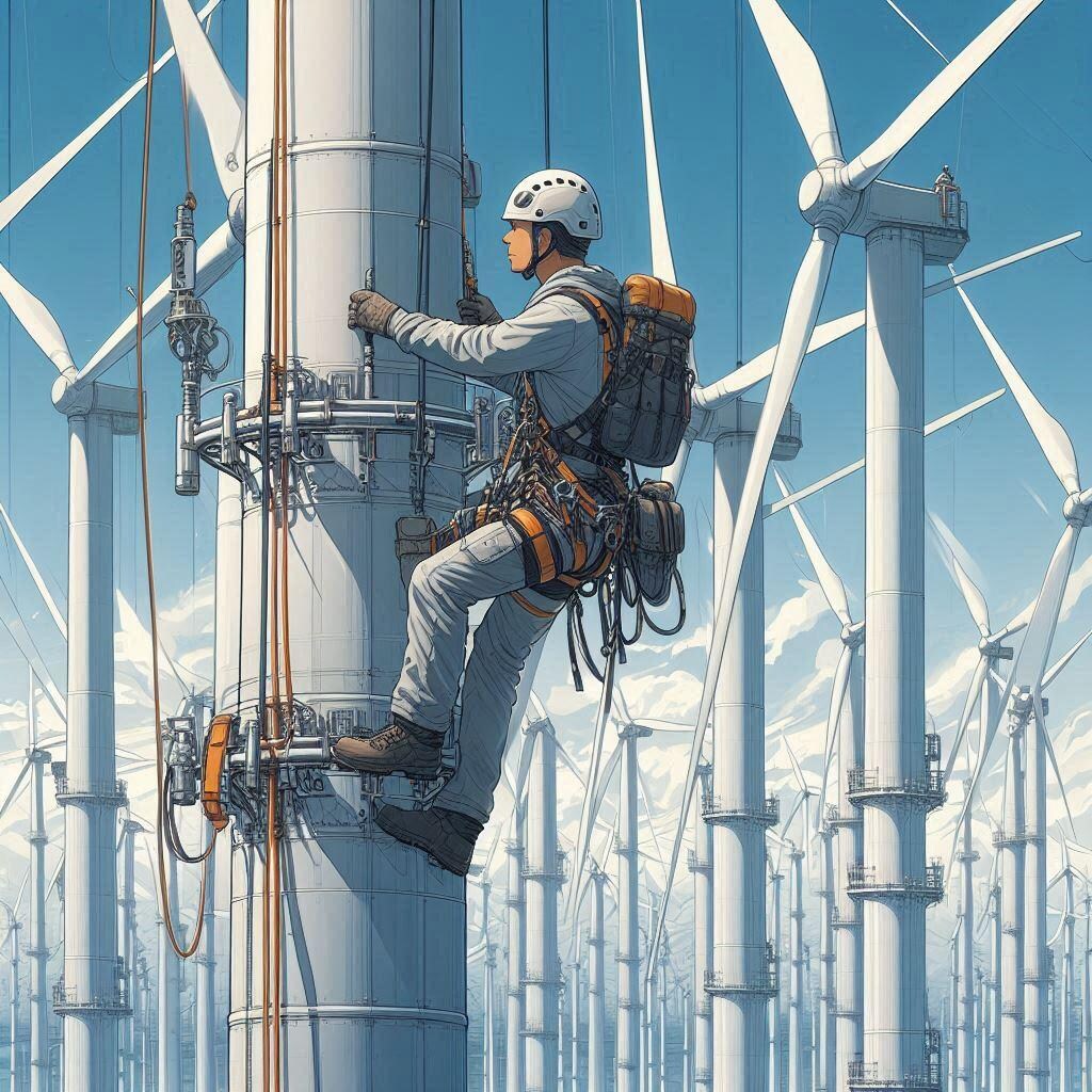 風（を）使い（発電する風車を点検する男）