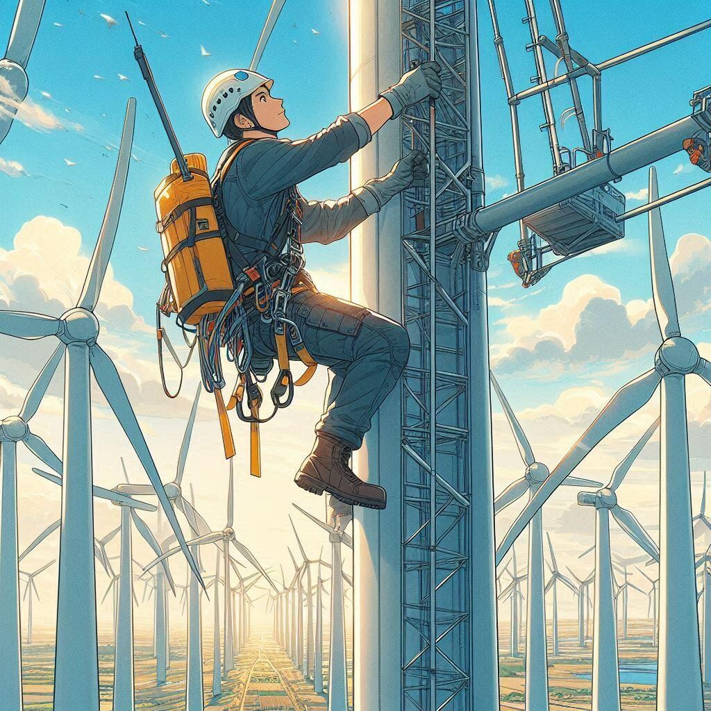 風（を）使い（発電する風車を点検する男）