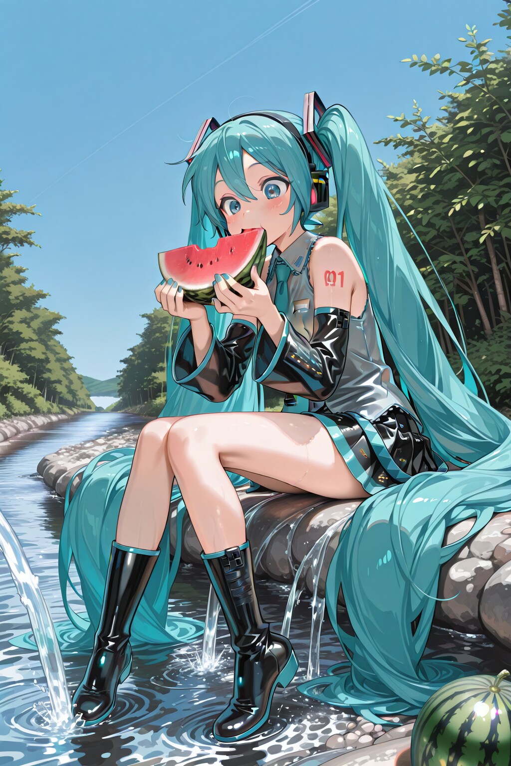 スイカを食べるミク