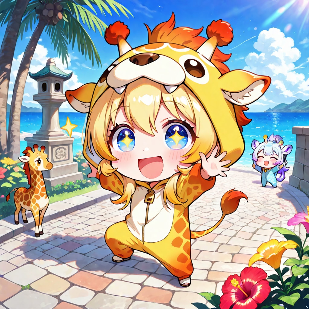 南国を楽しむキリン着ぐるみちび子ちゃん