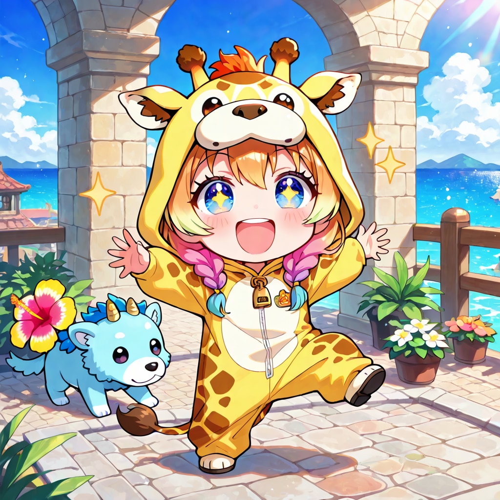 南国を楽しむキリン着ぐるみちび子ちゃん | の人気AIイラスト・グラビア