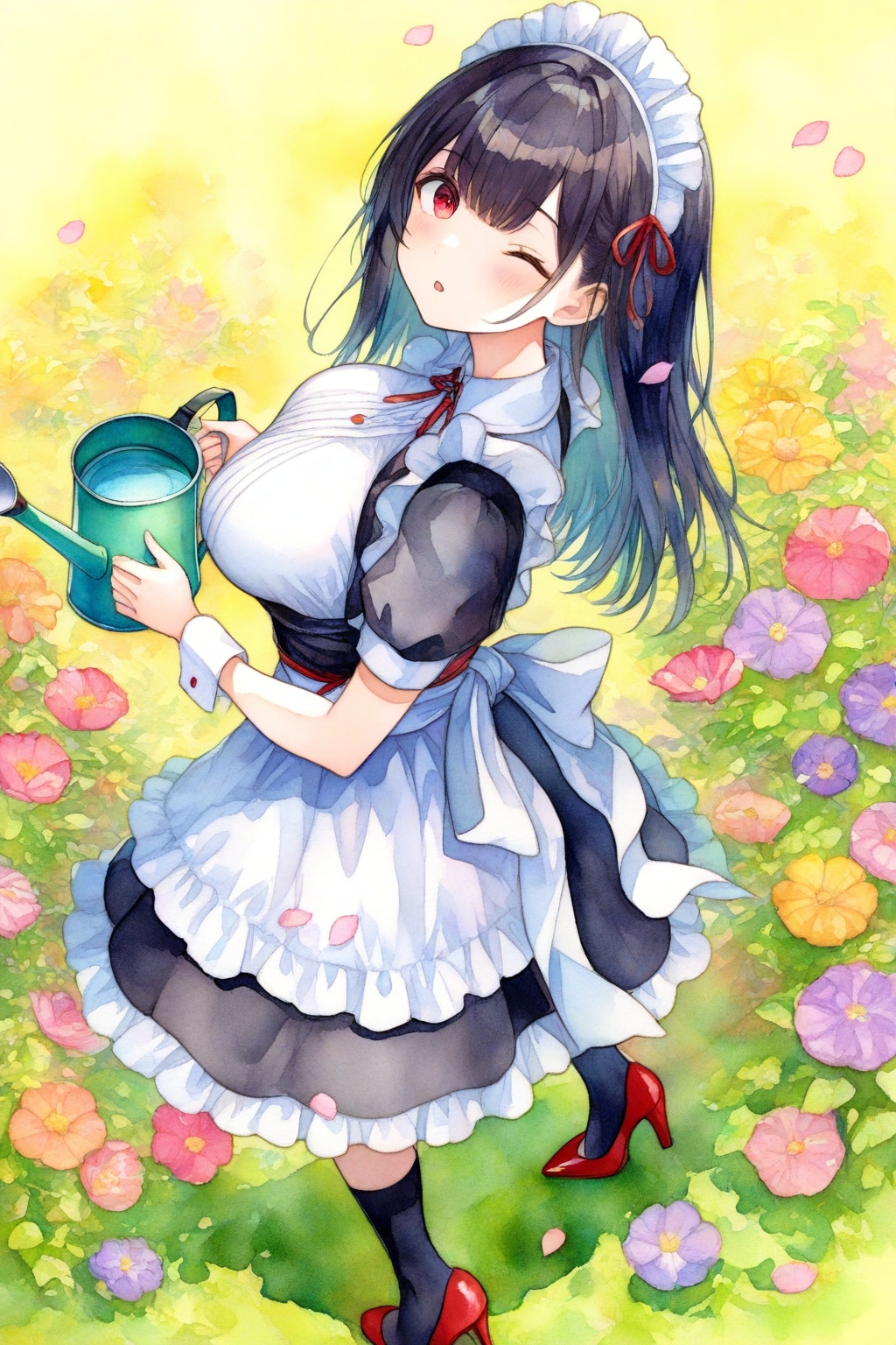 植物に水遣りする黒髪メイド