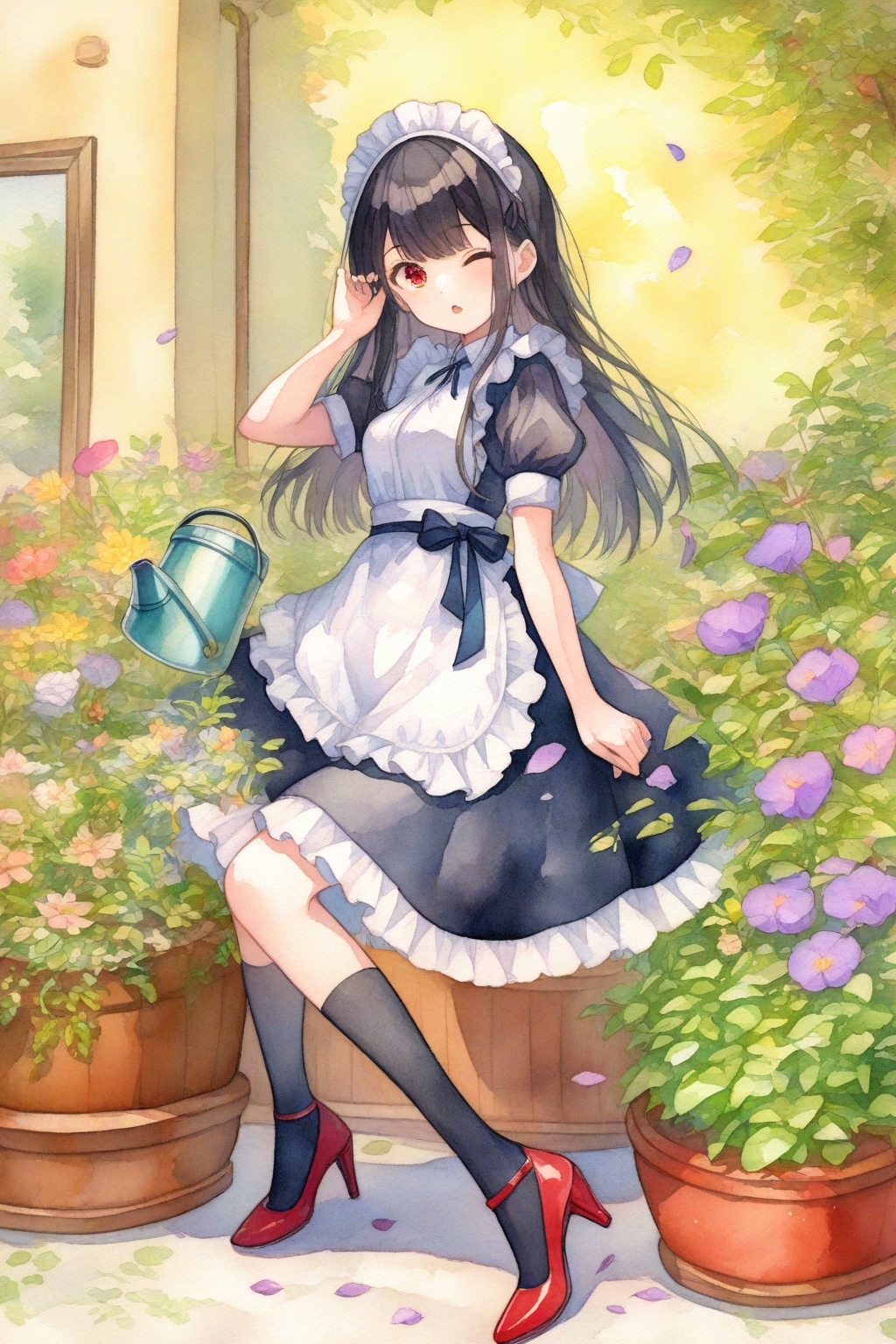 植物に水遣りする黒髪メイド