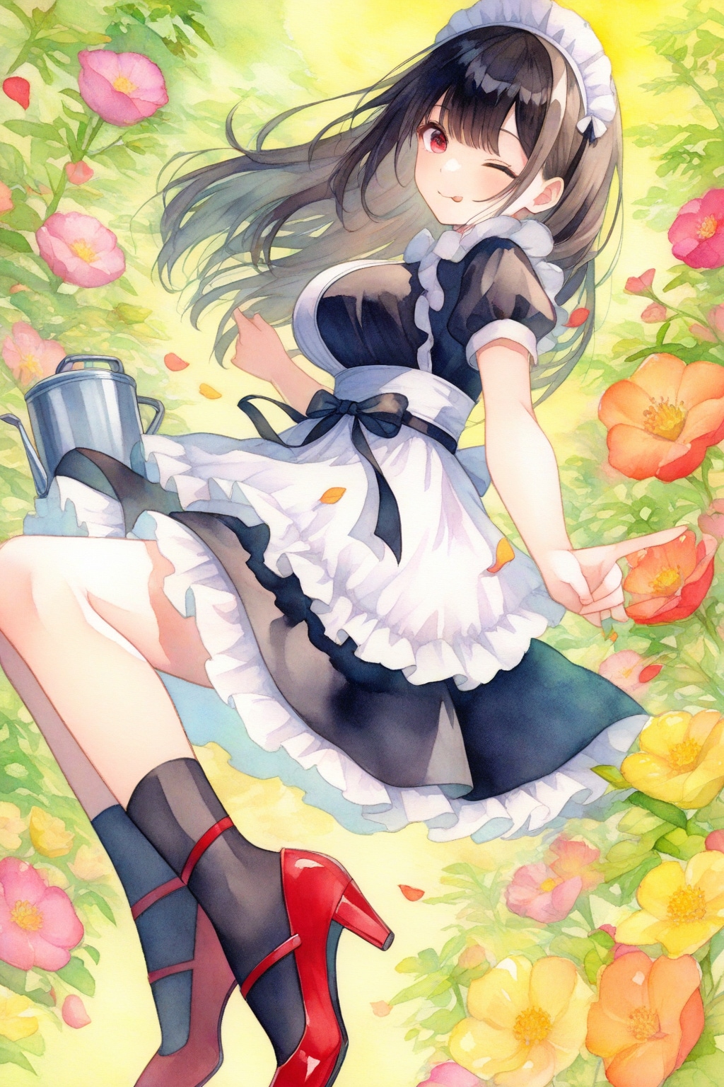 植物に水遣りする黒髪メイド