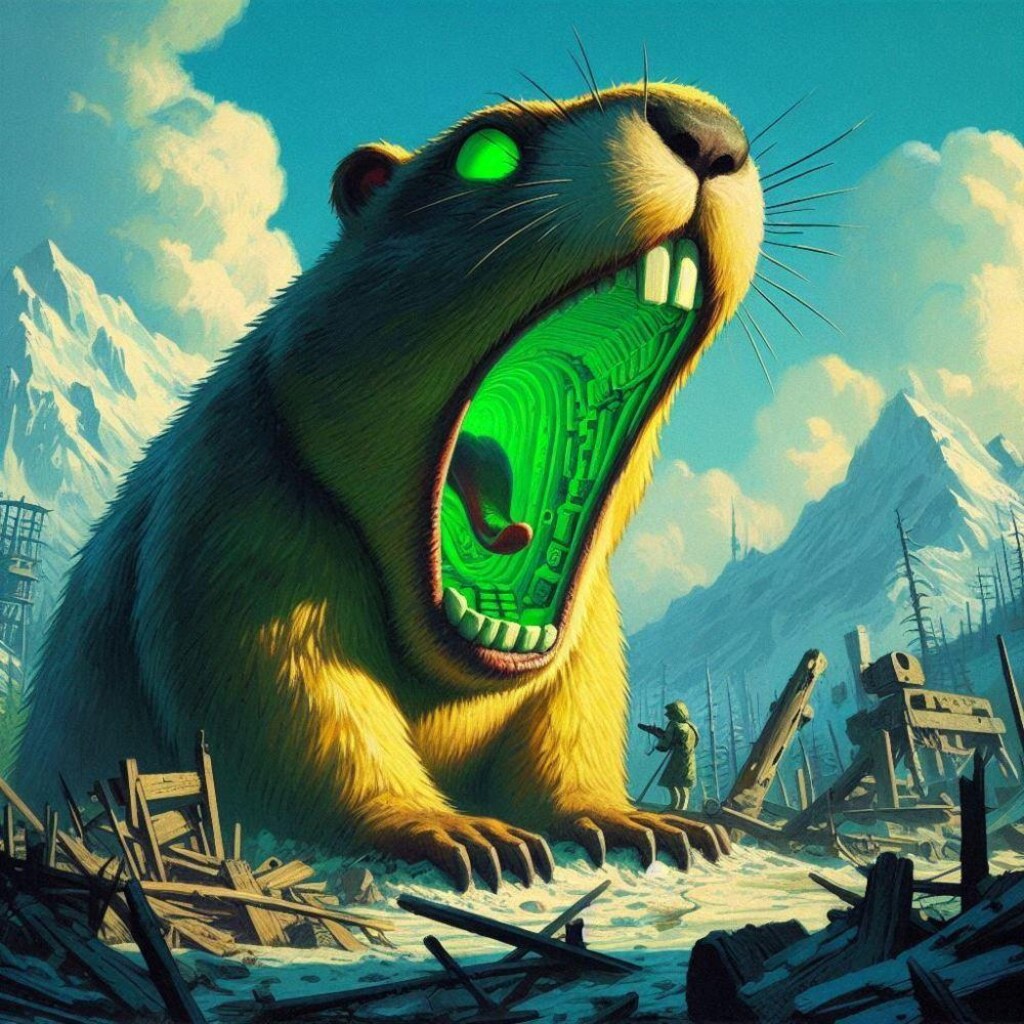 SF世紀末油絵アニメ風、黄緑色発光マーモット