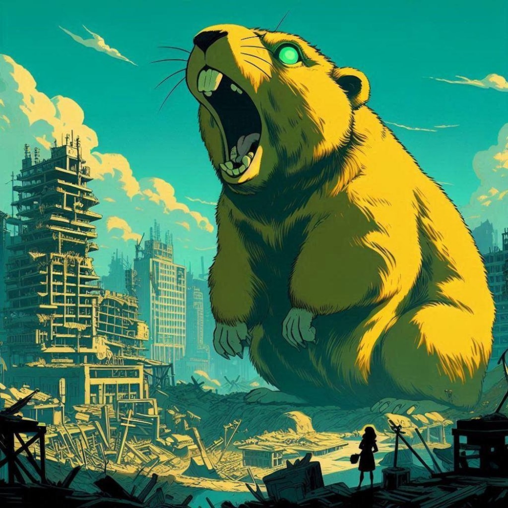 SF世紀末油絵アニメ風、黄緑色発光マーモット
